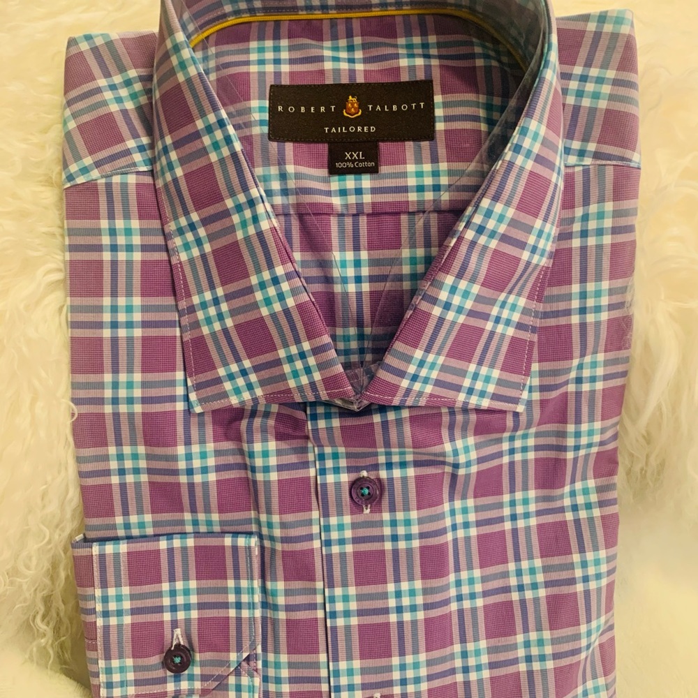 Robert Talbott longsleeved shirt, NWT, packaged. 2XL tailored fit. Purple/blue.